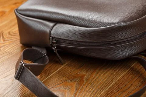 Close-up elements and details of the Backpack made of brown genuine leather o Stock Photos