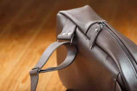 Close-up elements and details of the Backpack made of brown genuine leather o Stock Photos