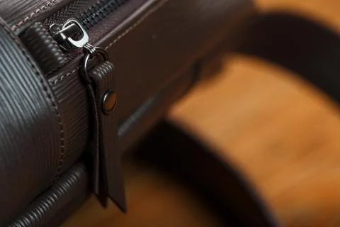Close-up elements and details of the Backpack made of brown genuine leather o Stock Photos