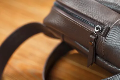 Close-up elements and details of the Backpack made of brown genuine leather o Stock Photos