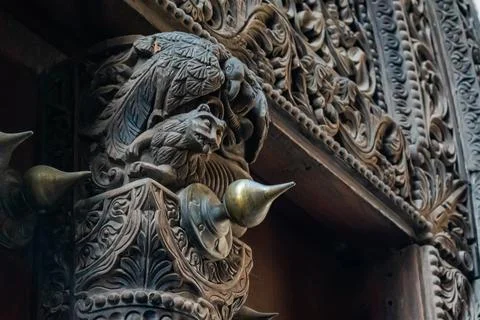 Close up of elements on antique Indian style Wooden Door in Stone Town, Zanzibar Stock Photos