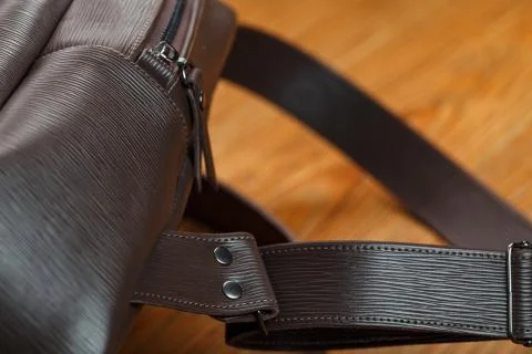 Close-up of the elements of the bag, backpack made of genuine leather with be Stock Photos