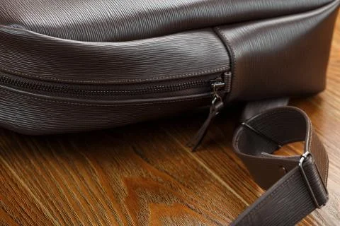 Close-up of the elements of the bag, backpack made of genuine leather with be Stock Photos