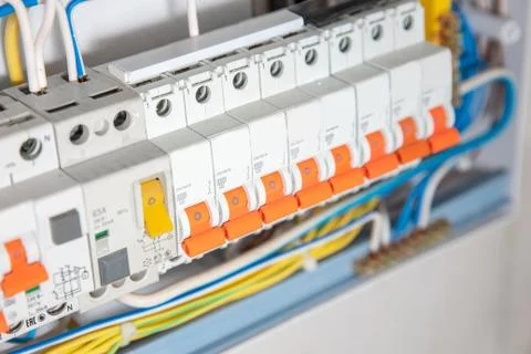 Close up elements of consumer electric control panel switchboard for home Foto stock