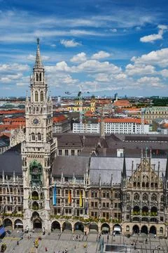 Close up elevated view of New Town Hall tower and facade in Munich Germany Stock-Fotos