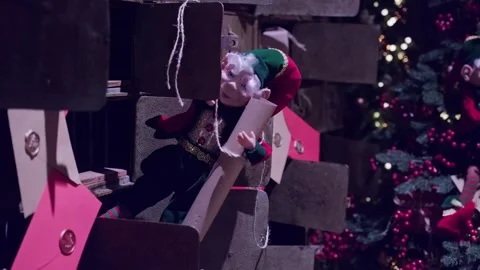Close up of elf hanging on Christmas parcel shelf in Schilliger Gland 스톡 동영상 295975472
