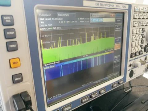 Close up of EMI test receiver spectrum during EMC measurements Stock Photos