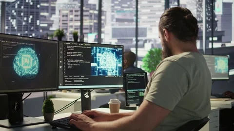 Close up of employee working with AI deep neural networks Video stock 318161013