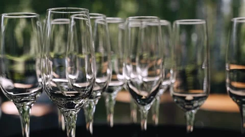 A close-up of empty, clean glasses that are prepared for wine Stock Footage 341676981