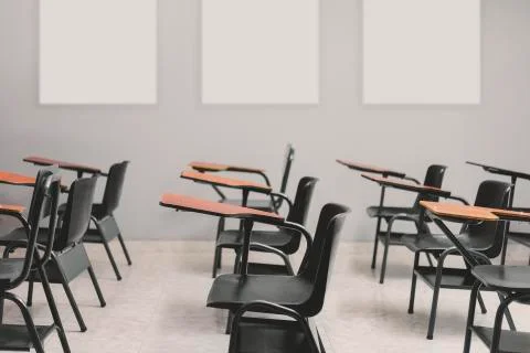 Close-up of empty desks in classroom, concept social distancing Foto stock
