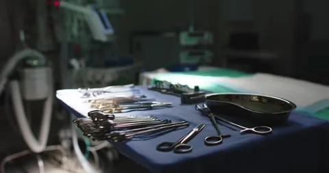Close up of empty operating room with bed and operating tools in slow motion Stock Footage 336173292