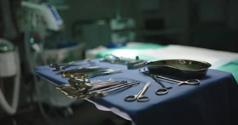 Close up of empty operating room with bed and operating tools in slow motion Stock Footage 336304995