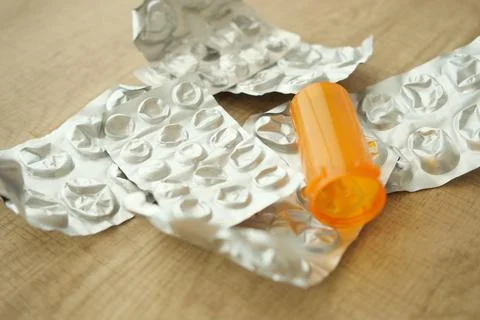 Close up of empty pills of blister pack on table Stock Photos