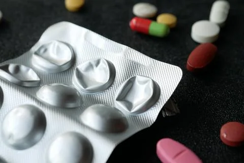 Close up of empty pills of blister pack on table Stock Photos