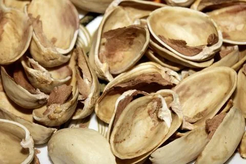 Close up of empty pistachio shells nuts Stock Photos