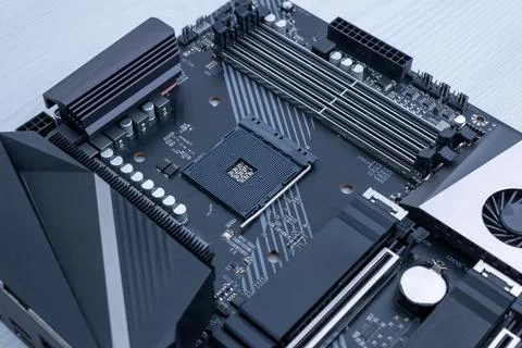 Close up of empty processor socket on desktop motherboard, computer hardwar.. Foto stock