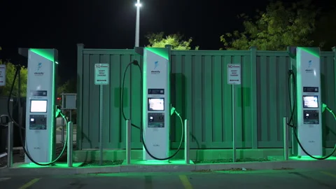 Close up of the empty recharging Electrify America stations for electro mobiles Stock Footage 318368290