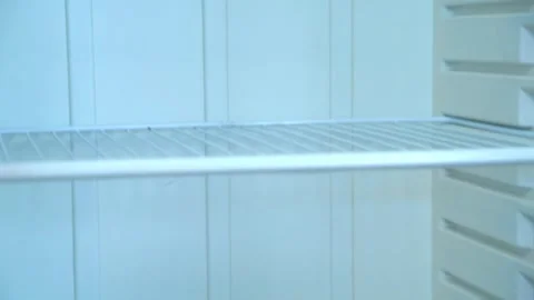 Close-up of empty refrigerator shelf one onion supplies food delivery to hungry Stock Footage 277430007