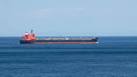 Close up of empty super tanker ship with the deck crane, sailing in Bosporus Stock Footage 165315406