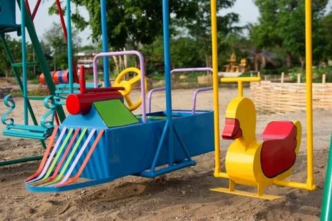 Close up empty swing set playground for children at park 写真素材