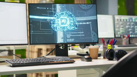 Close up of empty tech startup office with artificial intelligence programs Stock Footage 313016241