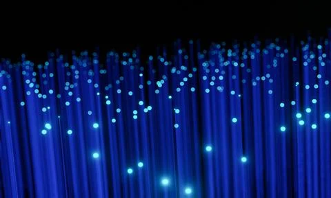 Close up on the ends of many illuminated blue fibre optic strands with many.. Stock Illustration