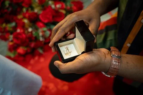 Close up of engagement ring inside proposal ring box Stock Photos