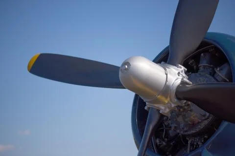 Close up of the engine and propeller of a vintage World War II fighter airplane Stock Photos