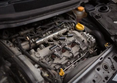 Close-up of the engine compartment of a modern car, selective focus Stock Photos