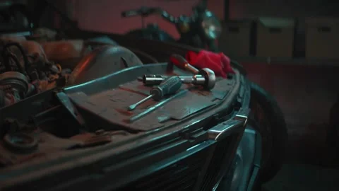 Close-up of engine details of old car. Engine parts of old car with open hood Stock Footage 266311401