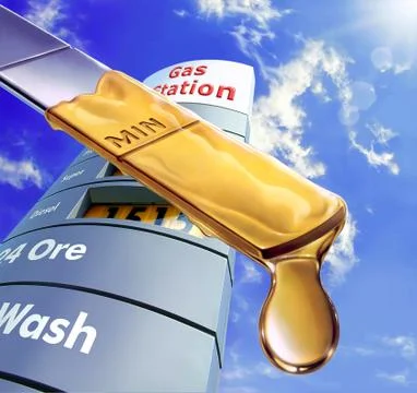 Close up of an engine dipstick, with an oil drop at the edge of it. Blue sky  Stock Illustration