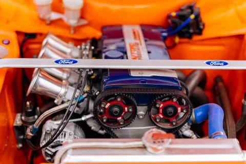 Close up on engine of Ford Escort Mexico mk3 from 1974 Stock Photos
