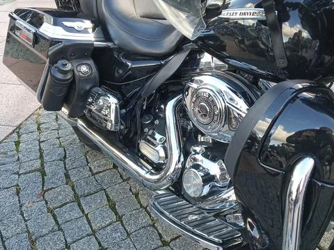 A close-up of the engine of a Harley-Davidson Electra Glide motorcycle. Stock Photos