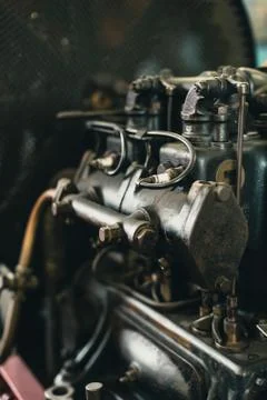 Close-up of engine of old fire truck. Stock Photos