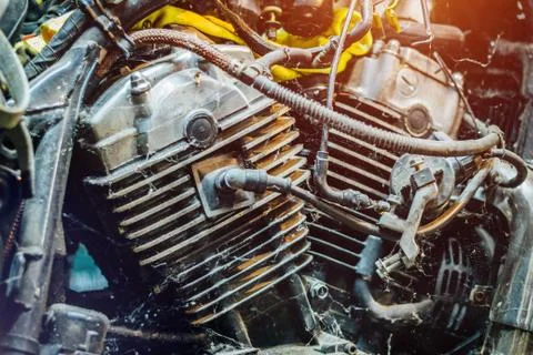 Close up of an engine of old retro classic motorcycle ready for restoration. Fotos Stock