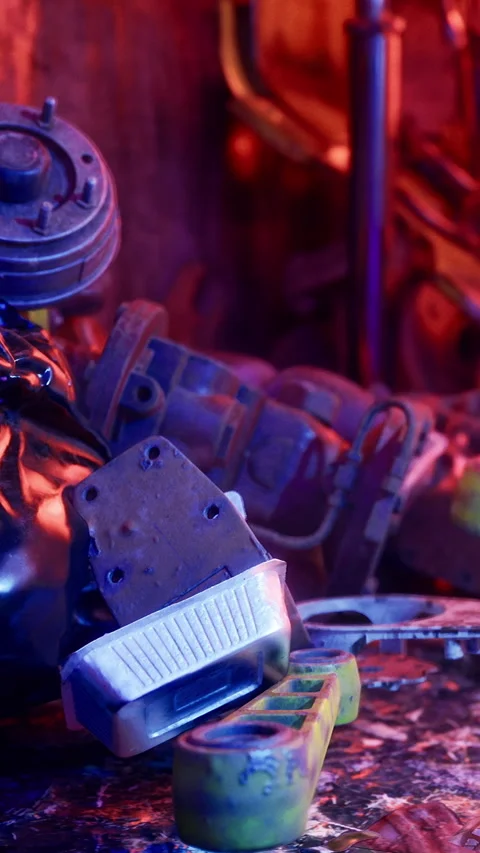 Close up of engine parts and tools in workshop during evening hours Stock Footage 331763796