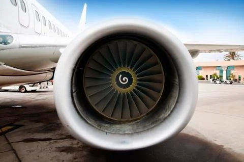 Close up of an engine of a passenger plane Stock Photos