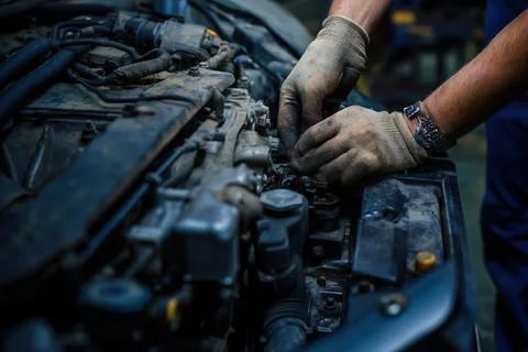 Close-up of engine repair work 스톡 사진