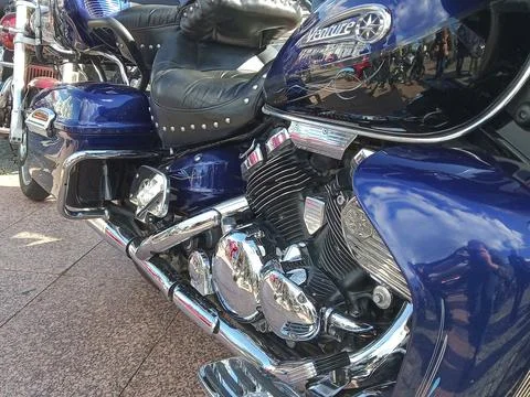 A close-up of the engine of the Yamaha Royal Star Venture touring cruiser. Stock Photos