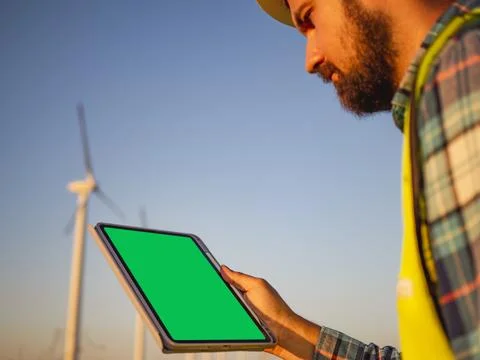 Close up Engineer checks turbine of wind turbine using a tablet with chroma key 写真素材