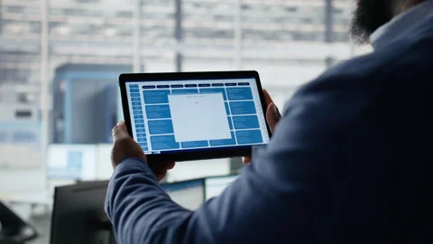 Close up of engineer examining microchip circuit layouts on tablet in factory Stock Footage 335880608