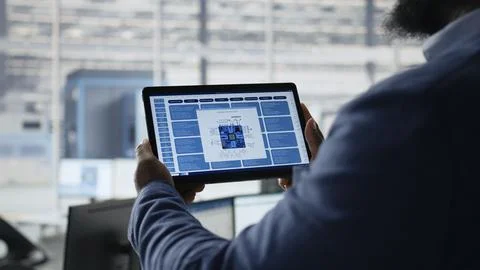 Close up of engineer examining microchip circuit layouts on tablet in factory Stock Photos