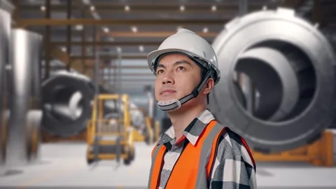 Close Up Engineer Looking Around at Heavy Factory Stock Footage 340819970