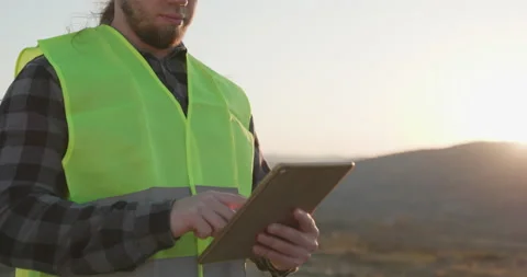 Close-up of Engineer male man hands touching digital tablet computer. Stock Footage 195253388