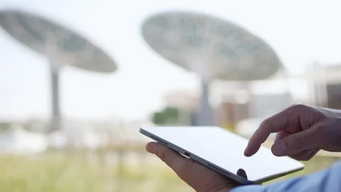 Close up of engineer man hand checking futuristic photovoltaic ecology solar Stock Footage 170476140