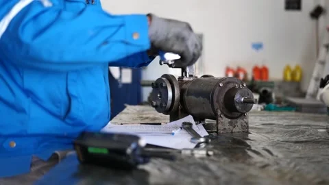 Close-up of an engineer measuring a machine flange size using calipers. 库存影片 304069317