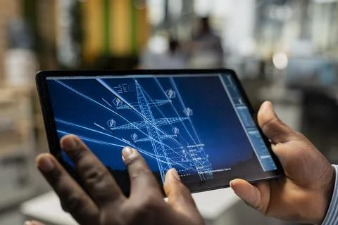 Close up of engineer reviewing electrical grid data on tablet Stock Photos