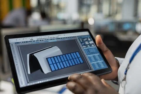 Close up of engineer using app on tablet to optimize solar cells device Stock Photos