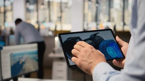 Close up of engineer using CAD app on tablet to make wind turbine more 写真素材