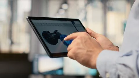 Close up of engineer using CAD app on tablet to make wind turbine more Stock Photos
